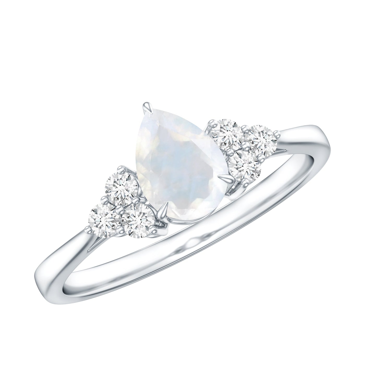 Pear Shape Moonstone Solitaire Ring with Diamond Trio