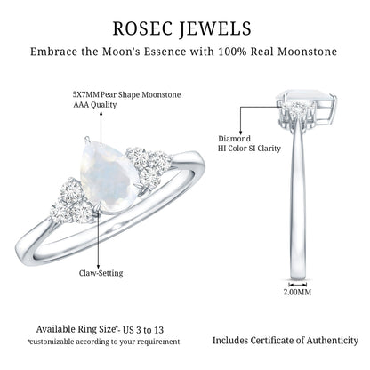 Pear Shape Moonstone Solitaire Ring with Diamond Trio