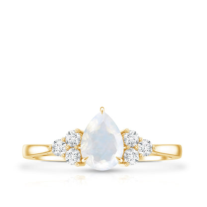 Pear Shape Moonstone Solitaire Ring with Diamond Trio