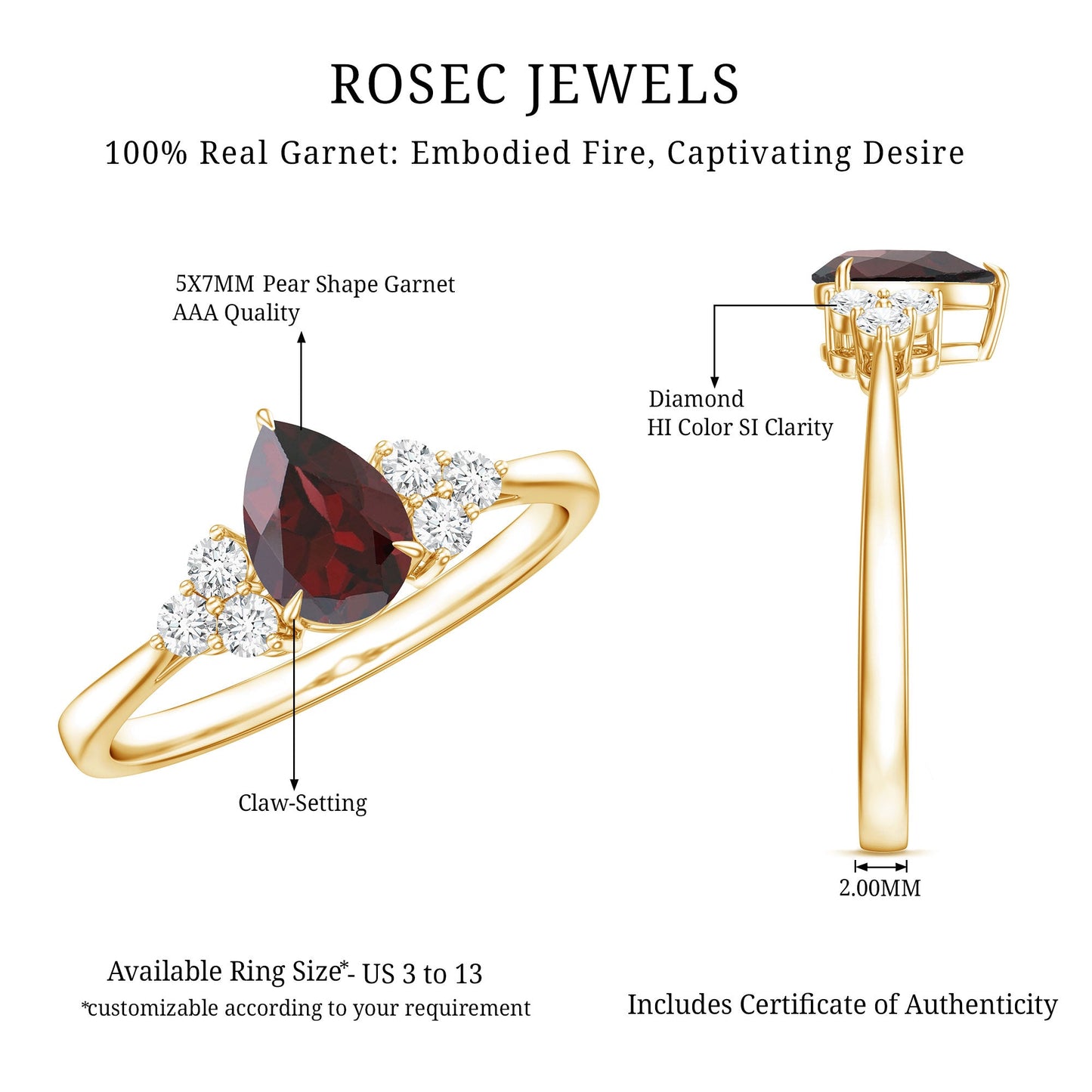 Natural 0.8 Carat Pear Shape Garnet Engagement Ring with Diamond
