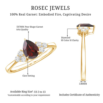 Natural 0.8 Carat Pear Shape Garnet Engagement Ring with Diamond