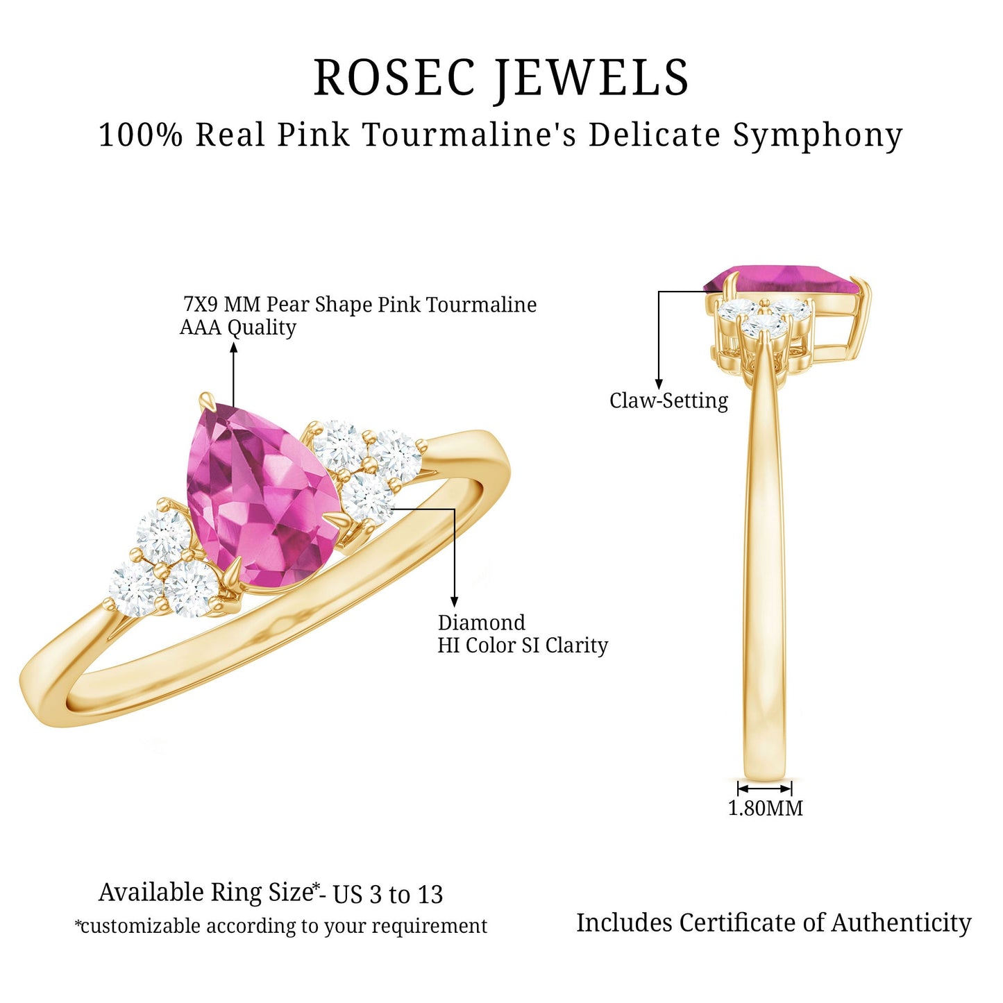 1.6 Carat Natural Pink Tourmaline Teardrop Engagement Ring with Diamond Trio