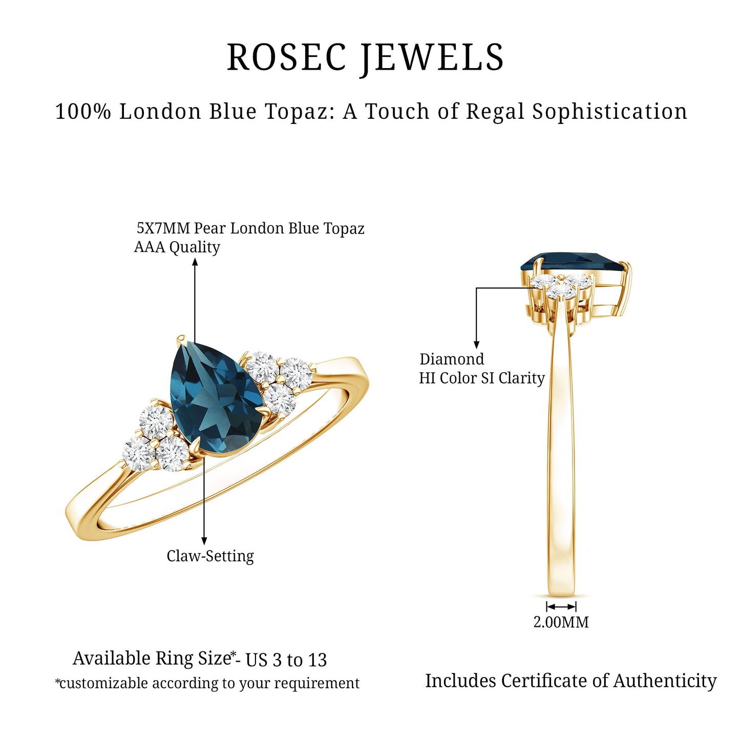 5X7mm Pear Shape London Blue Topaz Engagement Ring with Diamond Trio