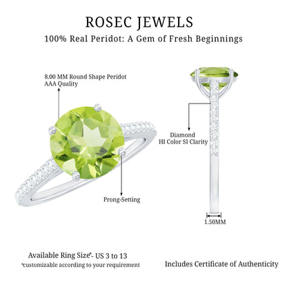 Natural 2 Carat Peridot Solitaire Engagement Ring with Diamond