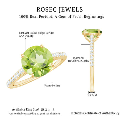 Natural 2 Carat Peridot Solitaire Engagement Ring with Diamond
