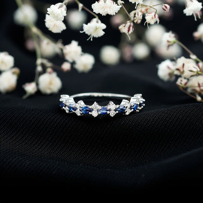 Real Blue Sapphire and Diamond Half Eternity Ring for Women