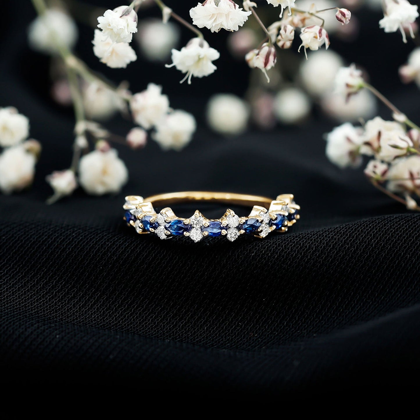 Real Blue Sapphire and Diamond Half Eternity Ring for Women
