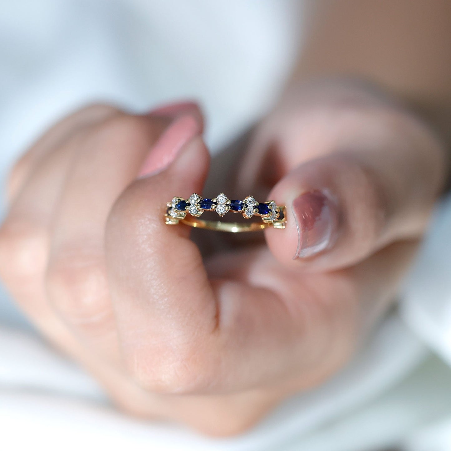 Real Blue Sapphire and Diamond Half Eternity Ring for Women