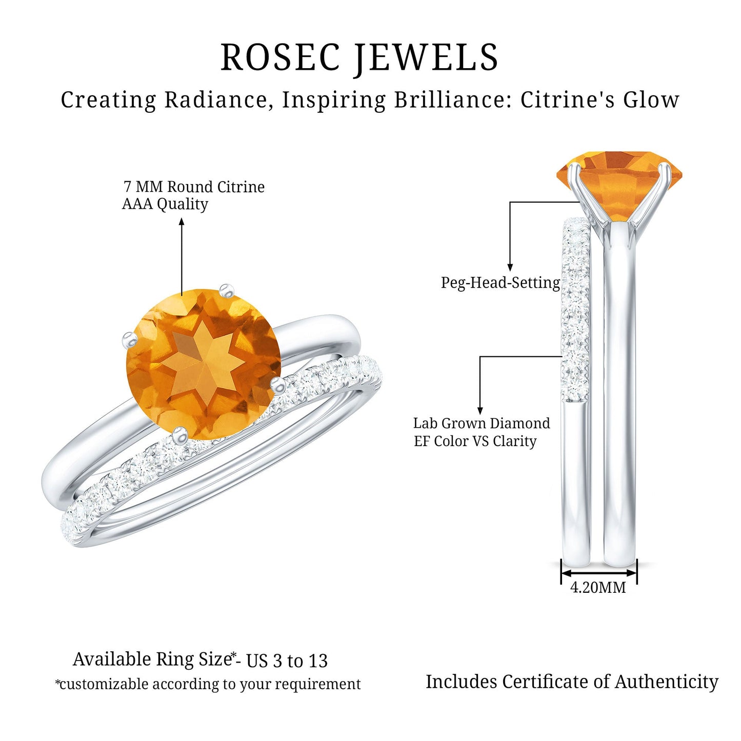 Natural Citrine Wedding Bridal Ring Set with Diamond
