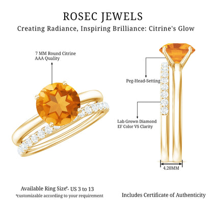 Natural Citrine Wedding Bridal Ring Set with Diamond