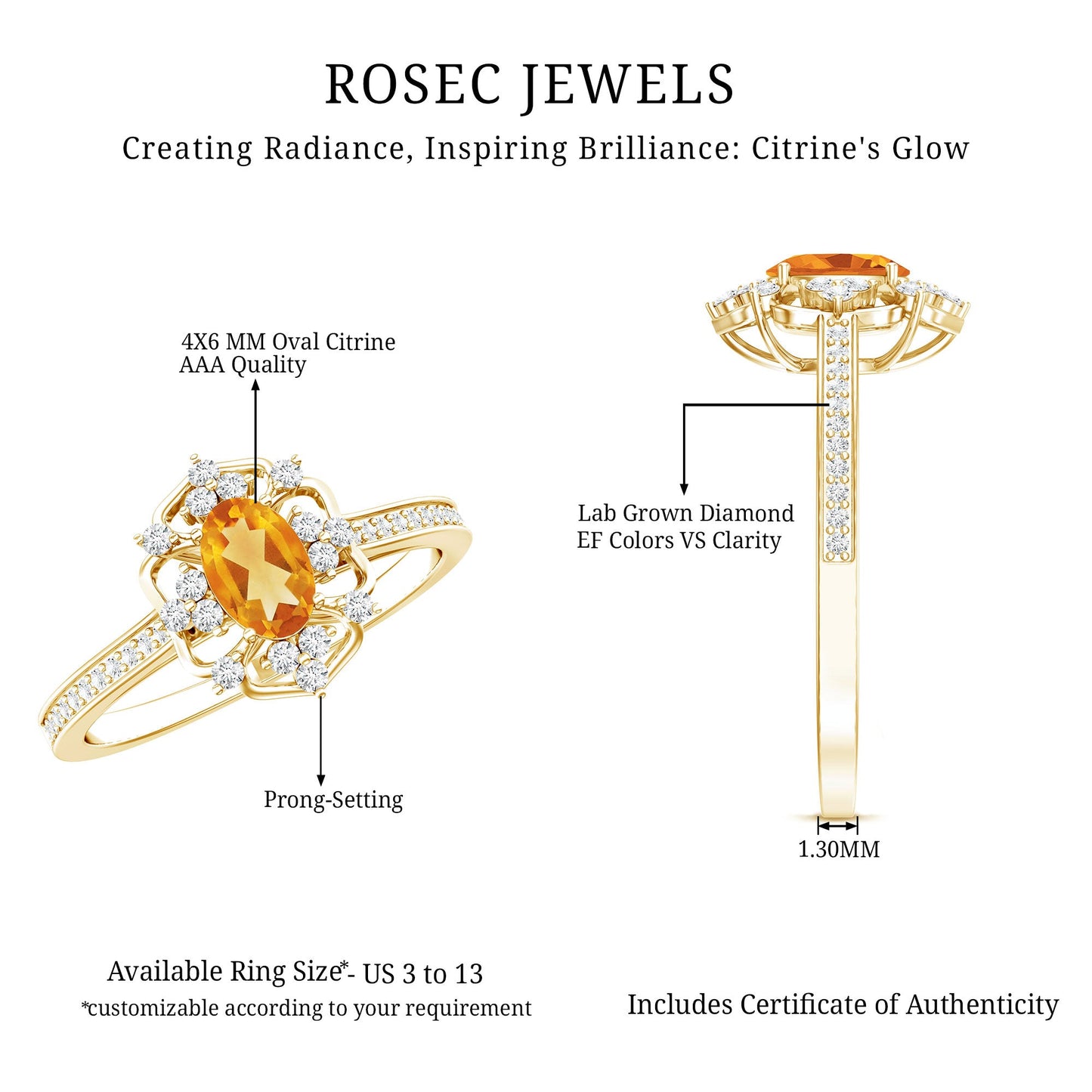Genuine Citrine Vintage Engagement Ring in Gold Plated Silver