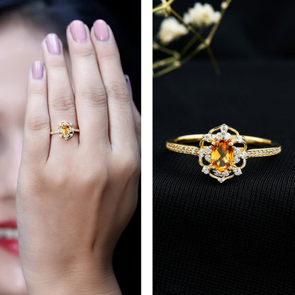 Genuine Citrine Vintage Engagement Ring in Gold Plated Silver