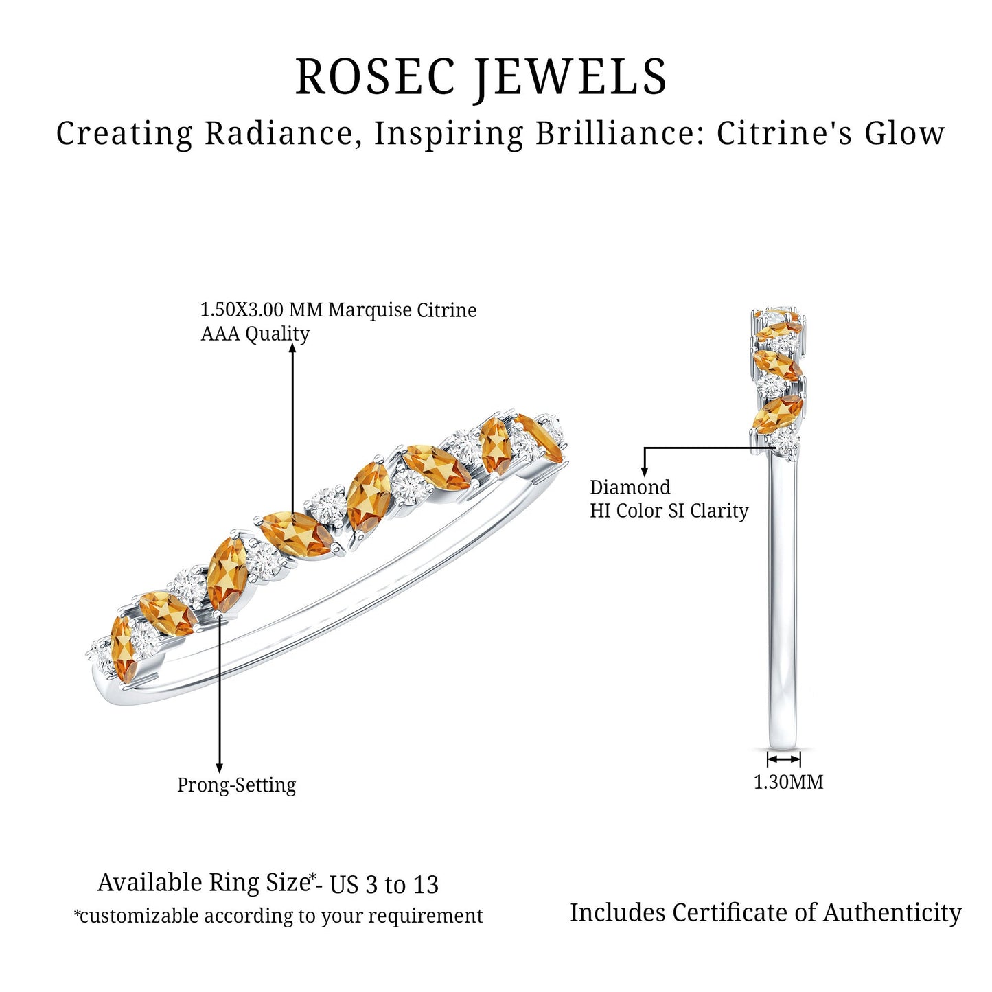 Genuine Marquise Citrine Half Eternity Ring with Diamond