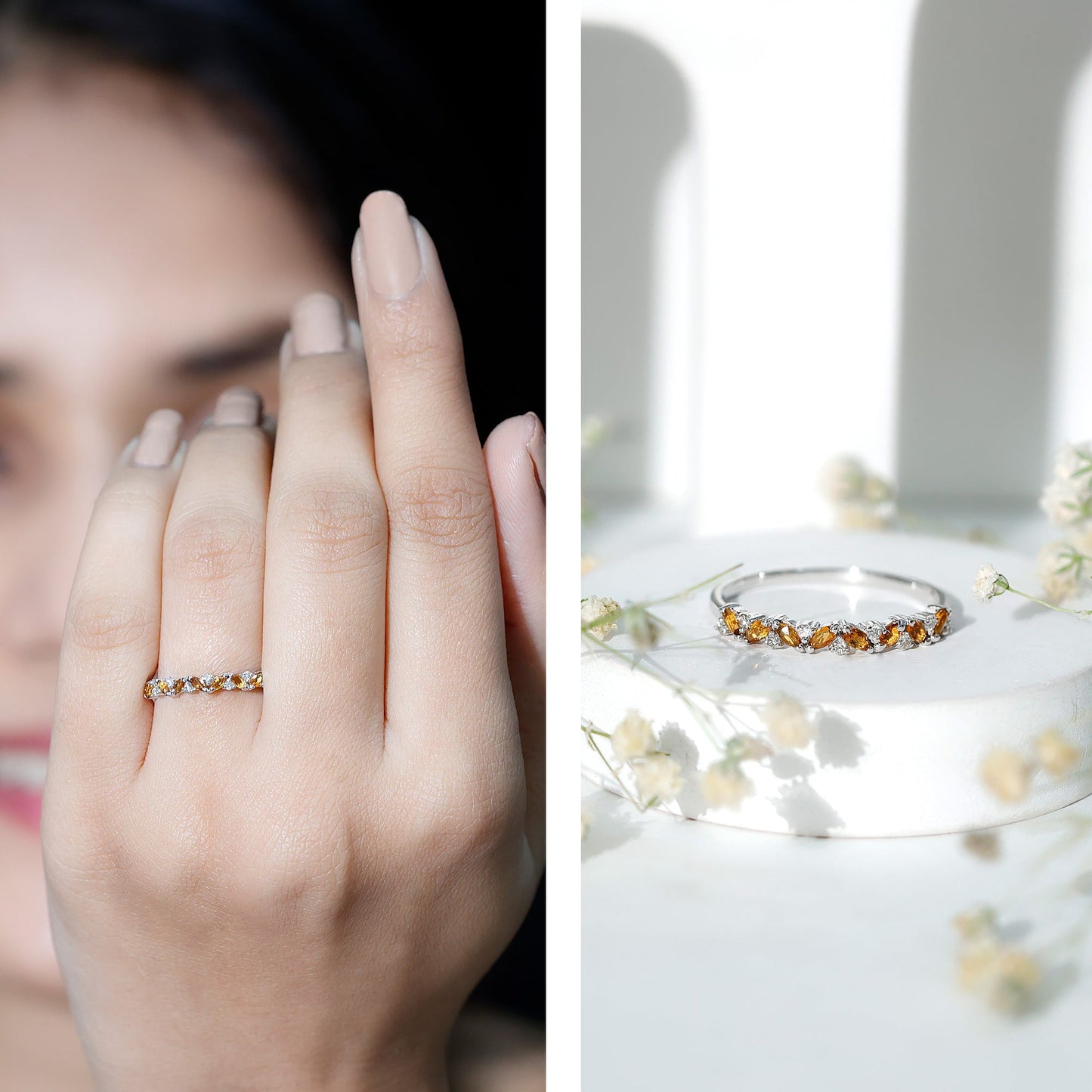 Genuine Marquise Citrine Half Eternity Ring with Diamond