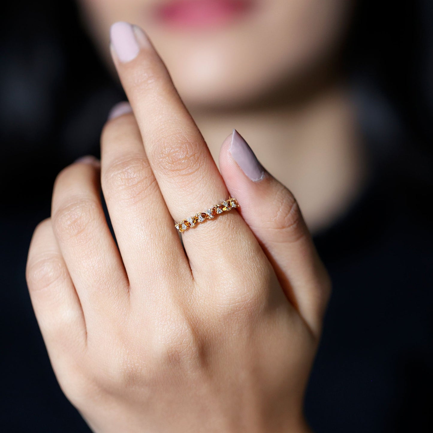 Genuine Marquise Citrine Half Eternity Ring with Diamond