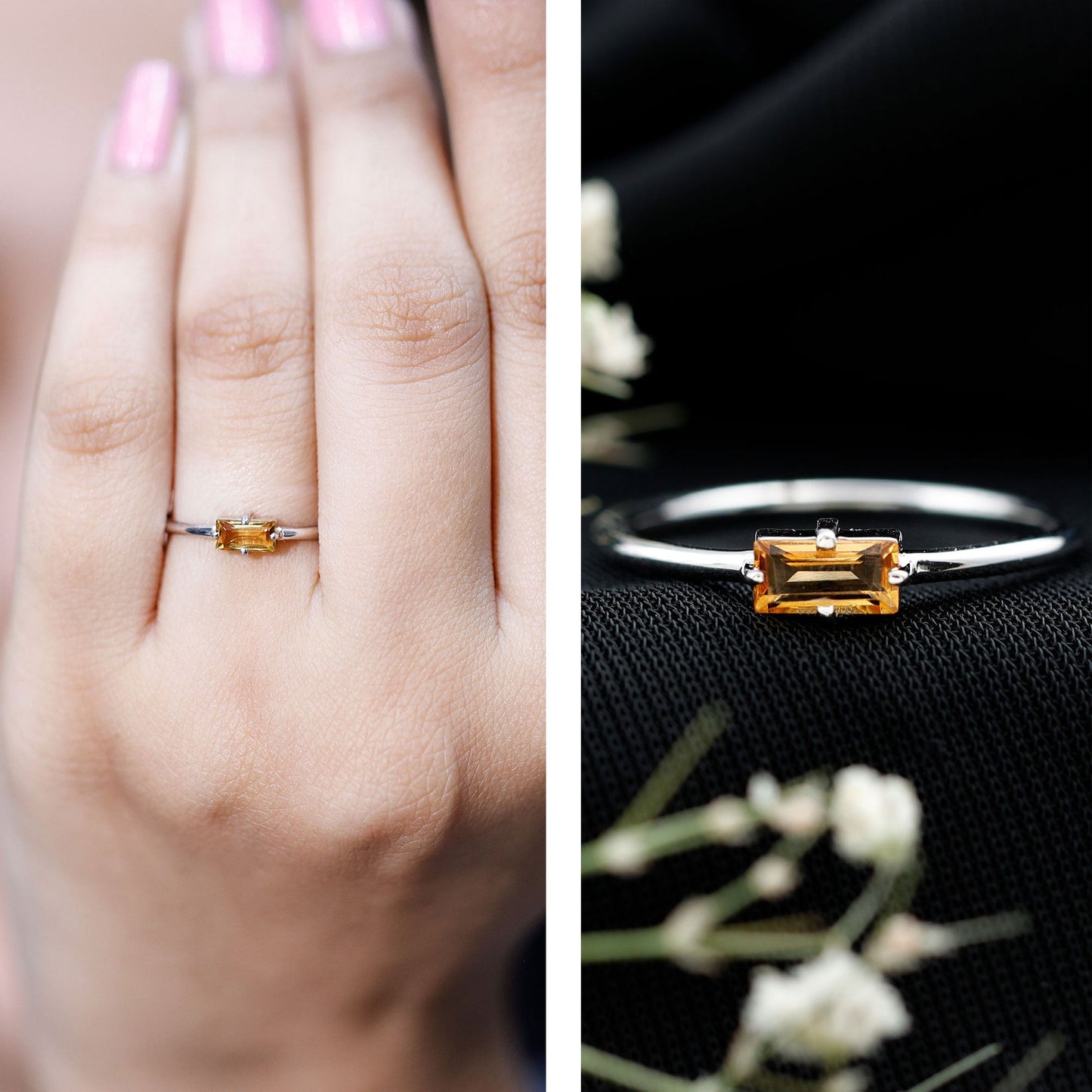 Natural Baguette Citrine Promise Ring in East West Style