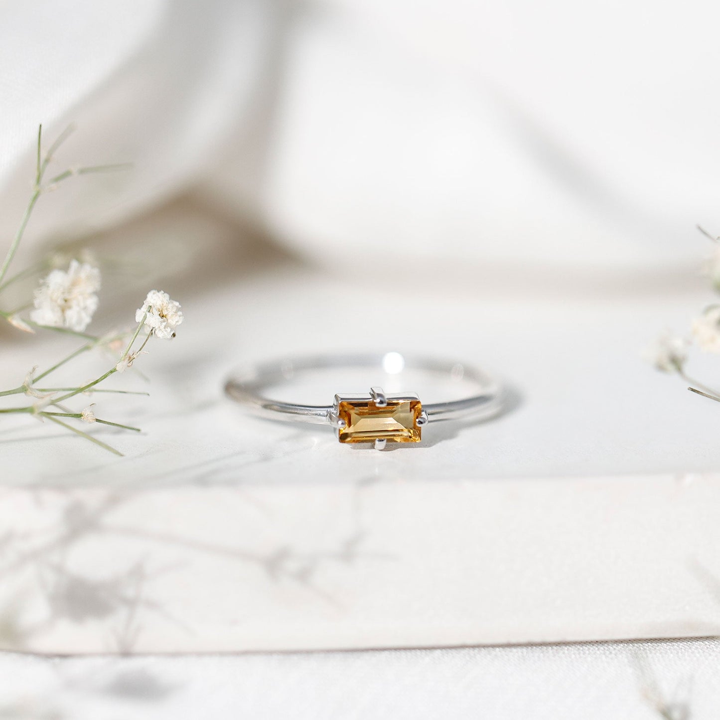 Natural Baguette Citrine Promise Ring in East West Style