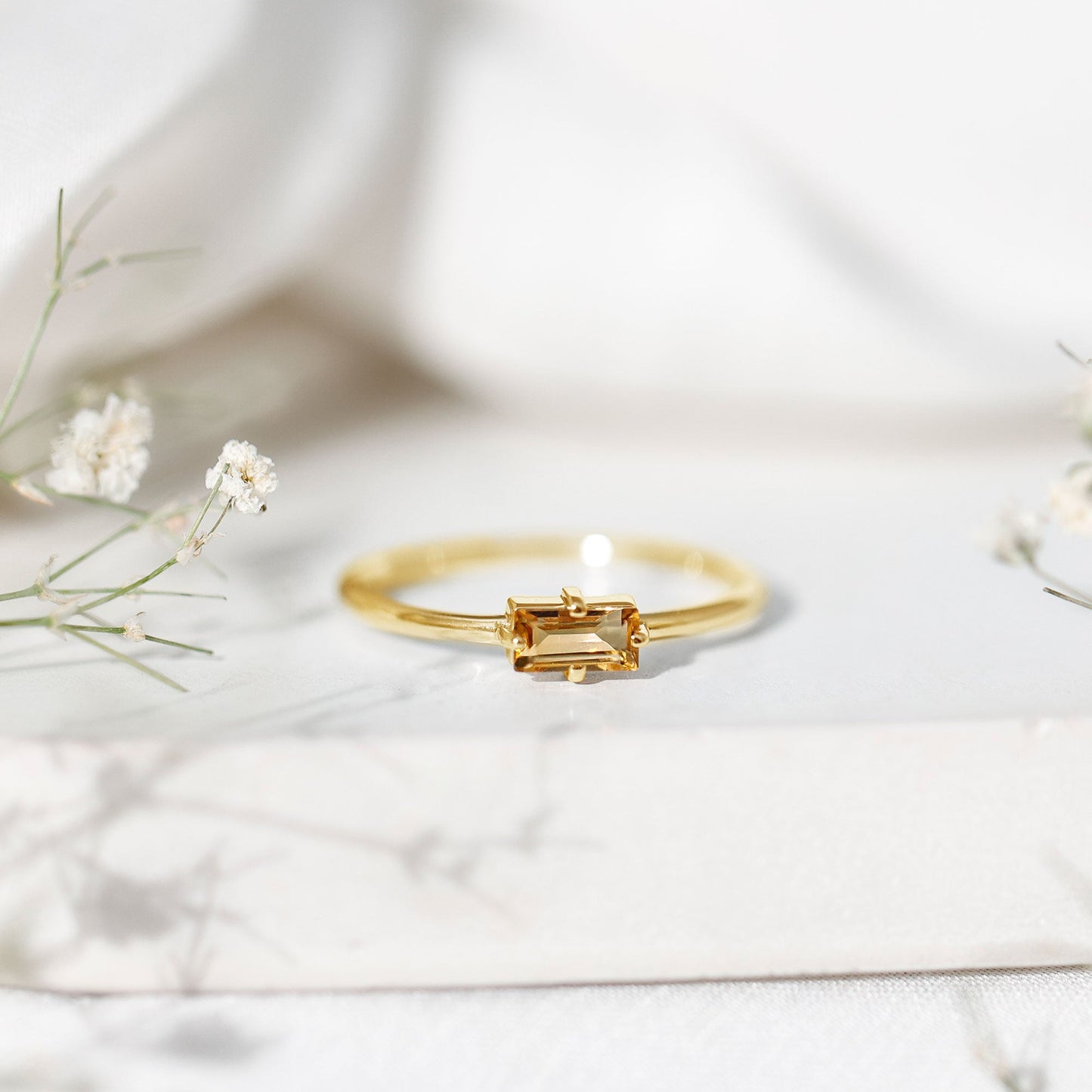 Natural Baguette Citrine Promise Ring in East West Style