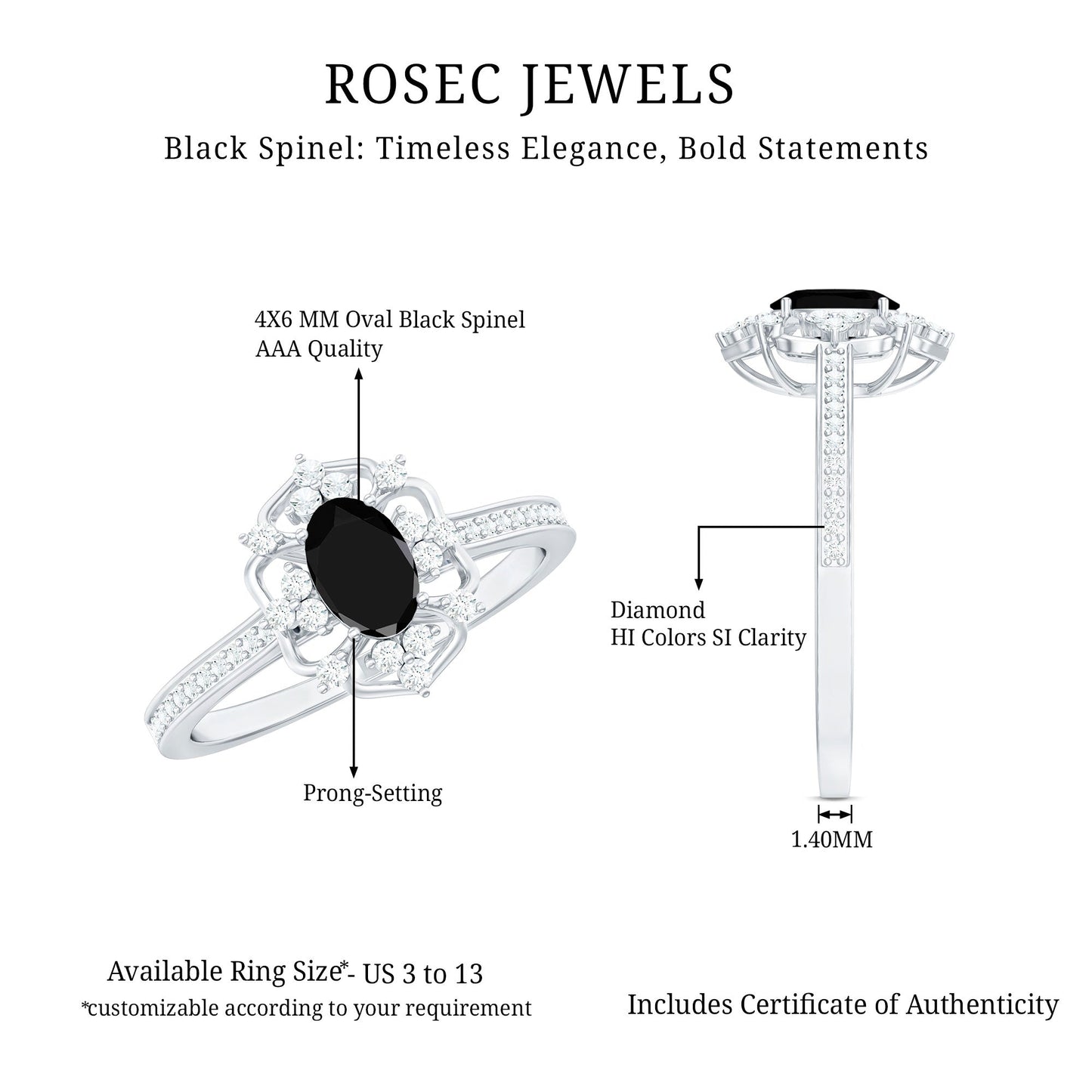 Vintage Looking Black Spinel Oval Engagement Ring with Diamond