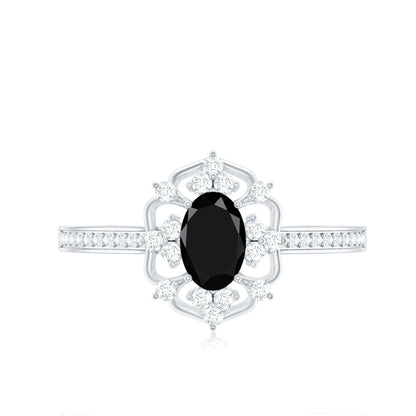 Vintage Looking Black Spinel Oval Engagement Ring with Diamond