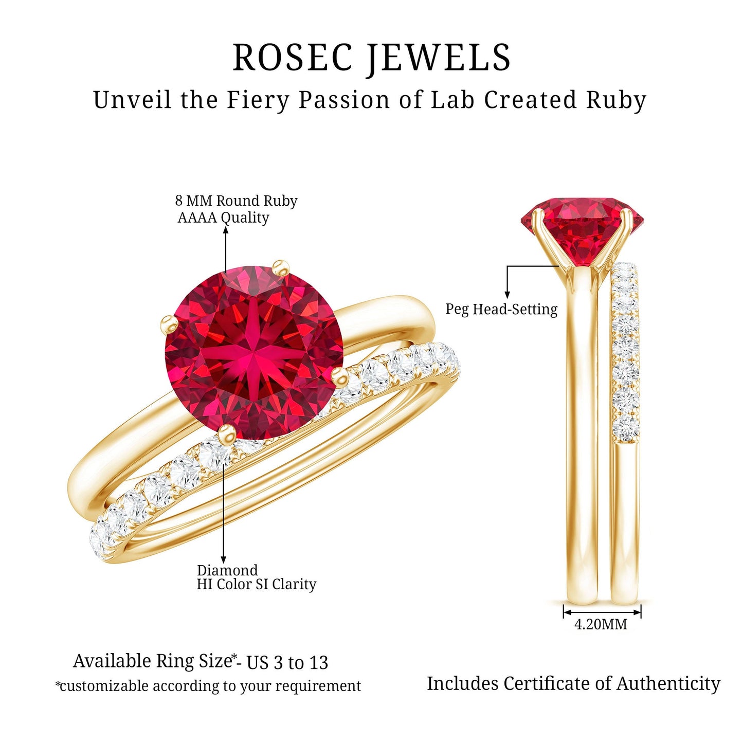 2.3 Carat Solitaire Created Ruby Wedding Ring Set with Diamond