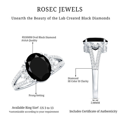 4.2 Carat Lab Grown Black Diamond Oval Engagement Ring with White Diamond Split Shank