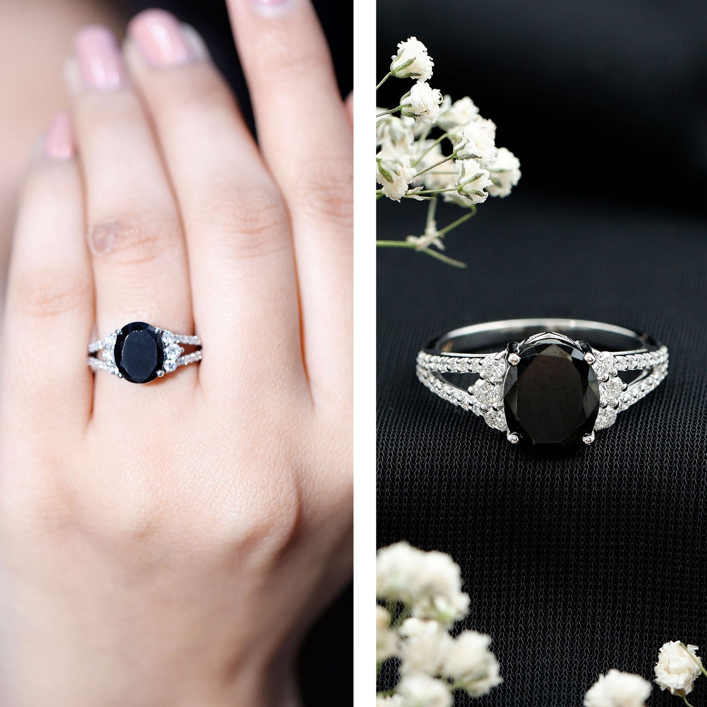 4.2 Carat Lab Grown Black Diamond Oval Engagement Ring with White Diamond Split Shank