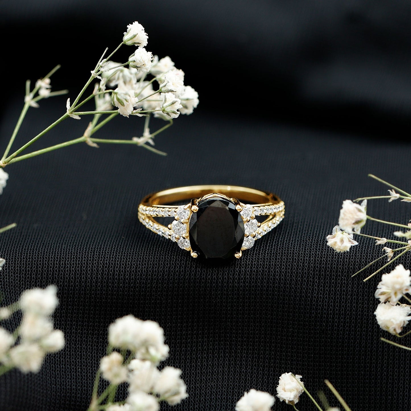 4.2 Carat Lab Grown Black Diamond Oval Engagement Ring with White Diamond Split Shank