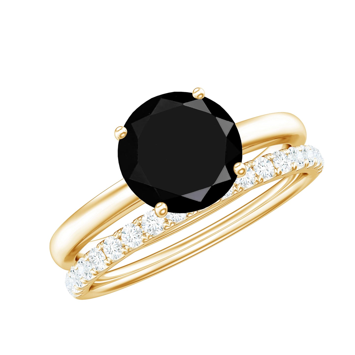 Natural 2 Carat Black Onyx Solitaire Engagement Rings with Diamond Enhancer