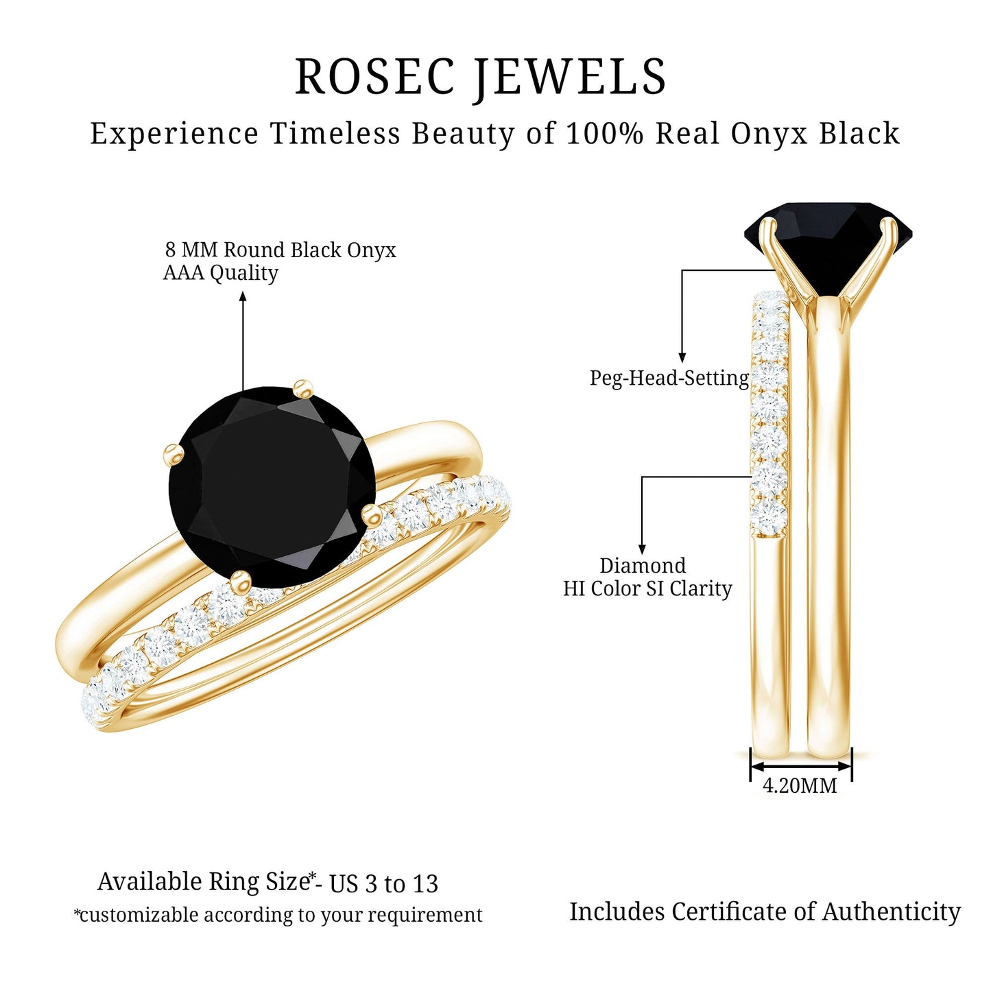 Natural 2 Carat Black Onyx Solitaire Engagement Rings with Diamond Enhancer