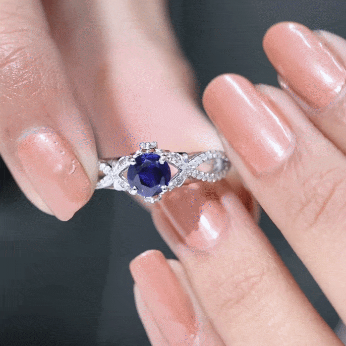 1 Carat Lab Grown Blue Sapphire Engagement Ring with Diamond Crossover Shank