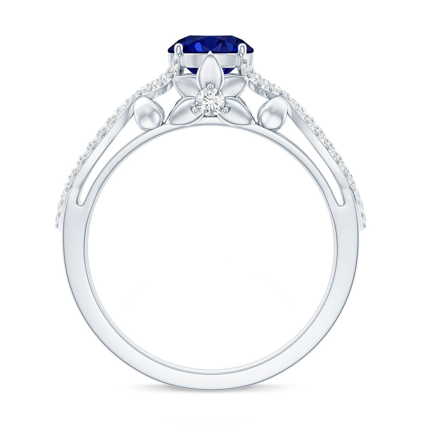 1 Carat Lab Grown Blue Sapphire Engagement Ring with Diamond Crossover Shank