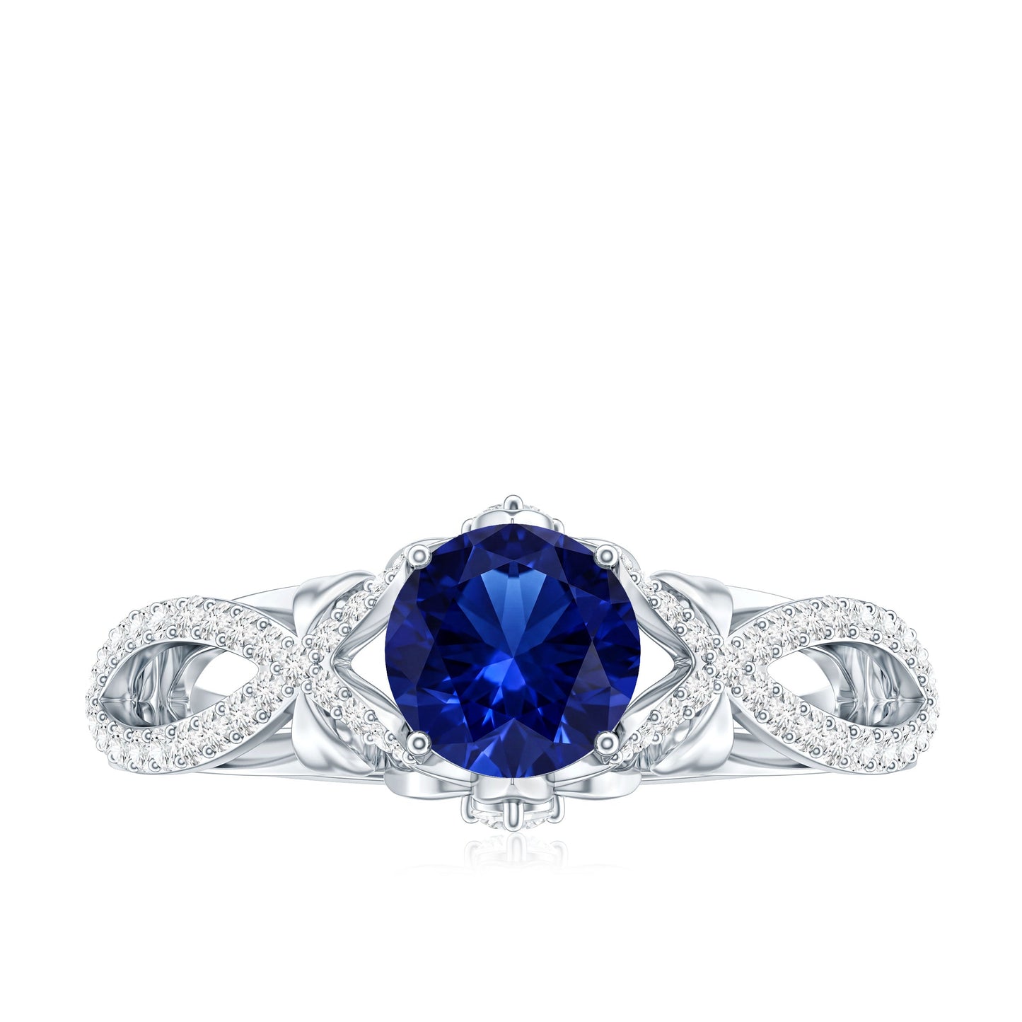 1 Carat Lab Grown Blue Sapphire Engagement Ring with Diamond Crossover Shank