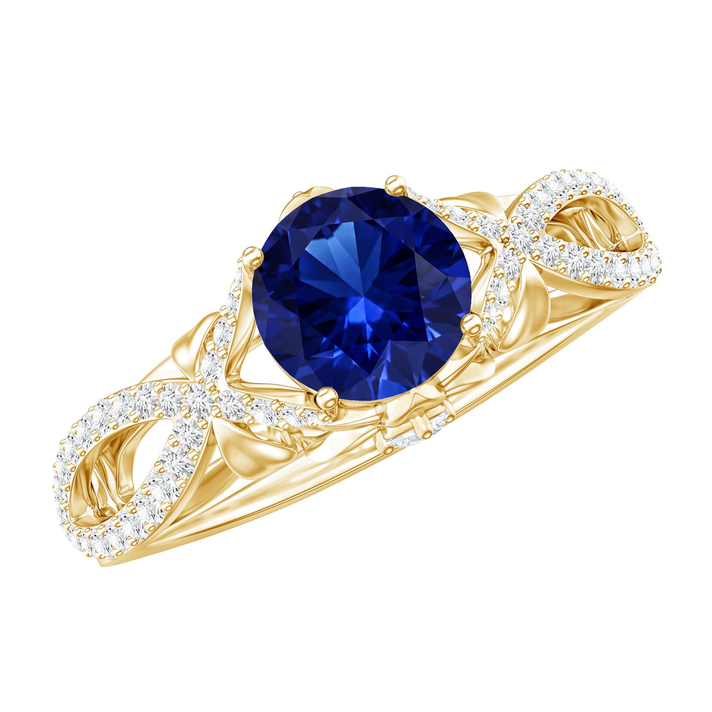 1 Carat Lab Grown Blue Sapphire Engagement Ring with Diamond Crossover Shank