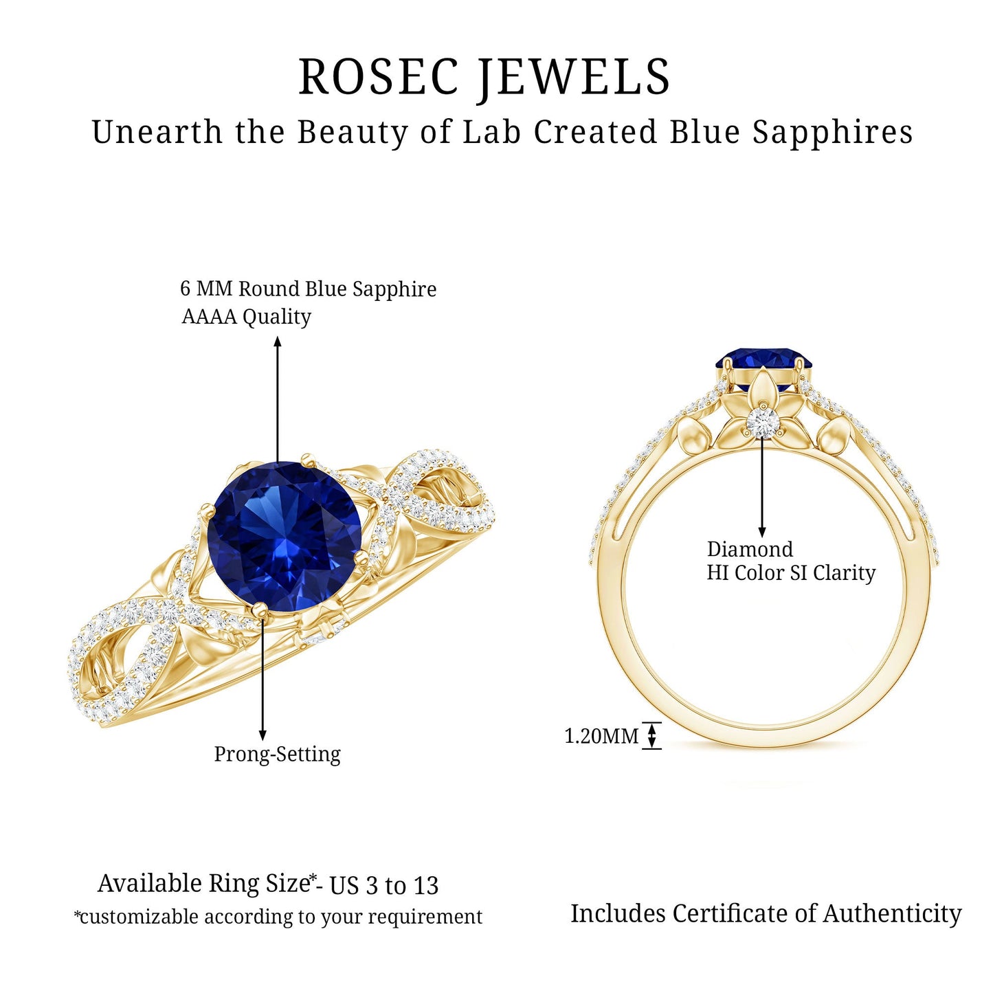 1 Carat Lab Grown Blue Sapphire Engagement Ring with Diamond Crossover Shank