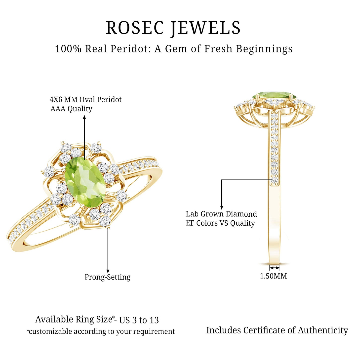 Peridot and Diamond Vintage Looking Engagement Ring