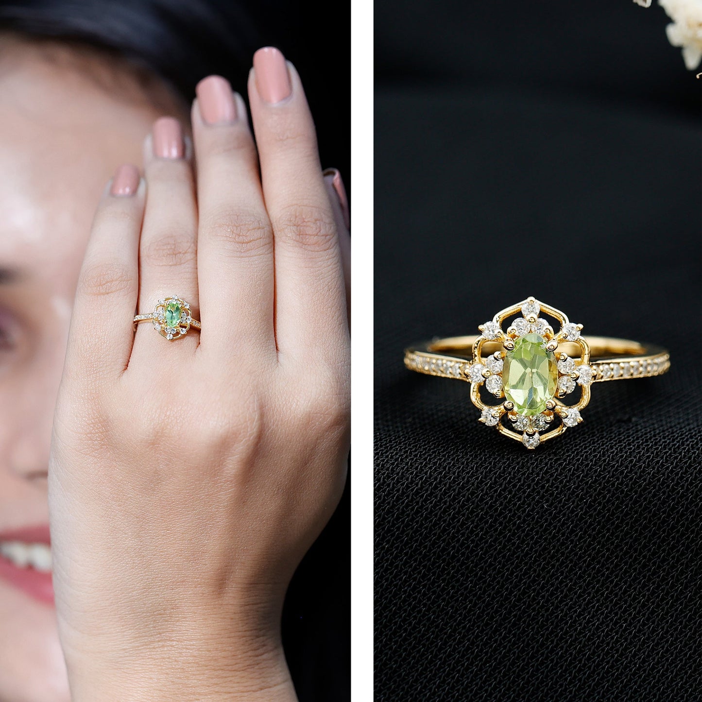 Peridot and Diamond Vintage Looking Engagement Ring