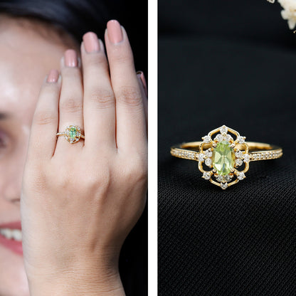 Peridot and Diamond Vintage Looking Engagement Ring