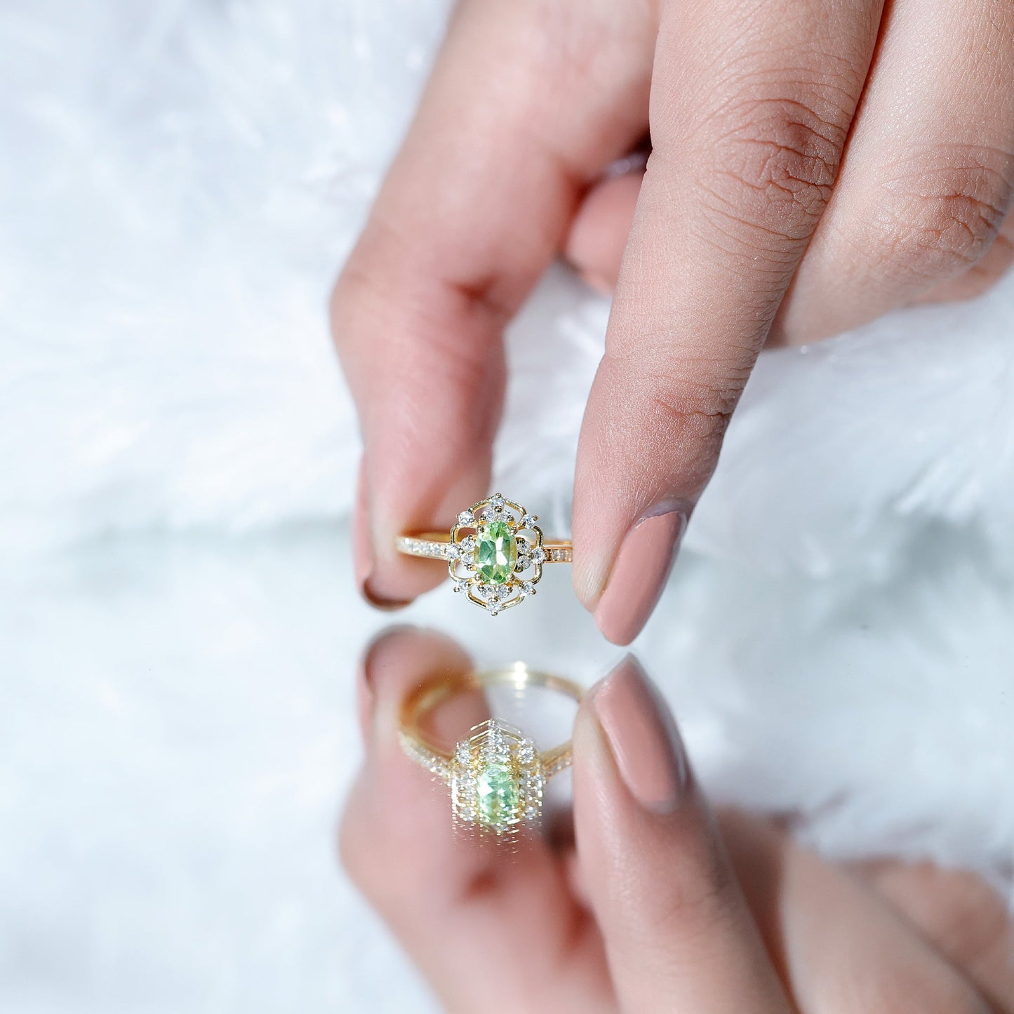 Peridot and Diamond Vintage Looking Engagement Ring