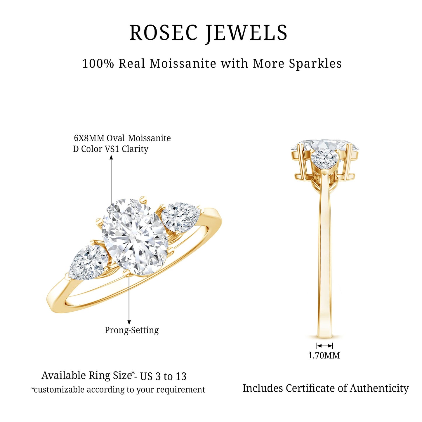 Oval and Pear Cut Moissanite Three Stone Engagement Ring