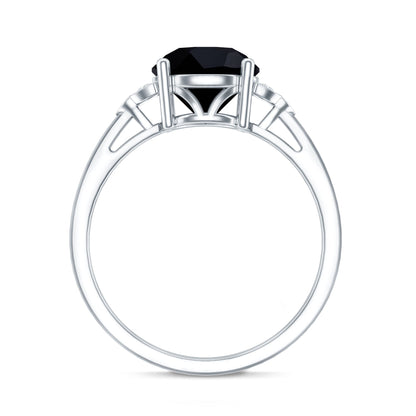 Real Black Onyx Solitaire Engagement Ring with Diamond Trio