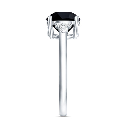 Real Black Onyx Solitaire Engagement Ring with Diamond Trio