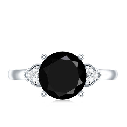 Real Black Onyx Solitaire Engagement Ring with Diamond Trio