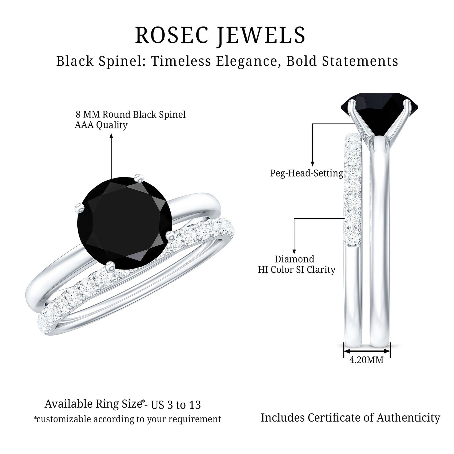 Natural Black Spinel Wedding Engagement Ring Set with Diamond
