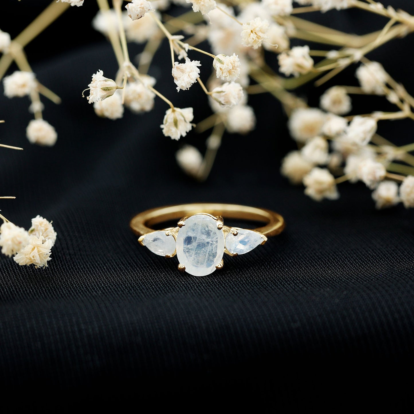 Natural Moonstone Three Stone Engagement Ring