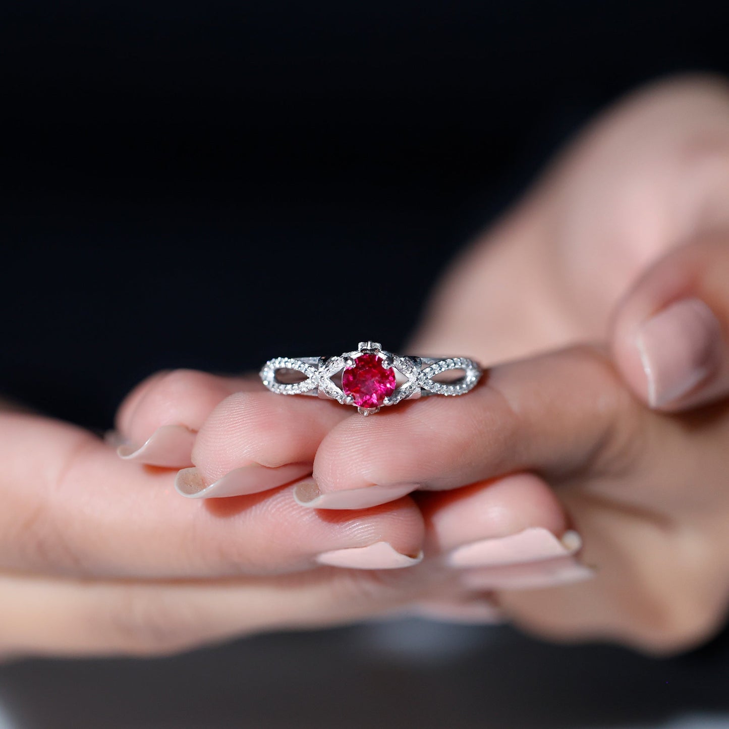 Classic Created Ruby and Diamond Crossover Engagement Ring with Diamond