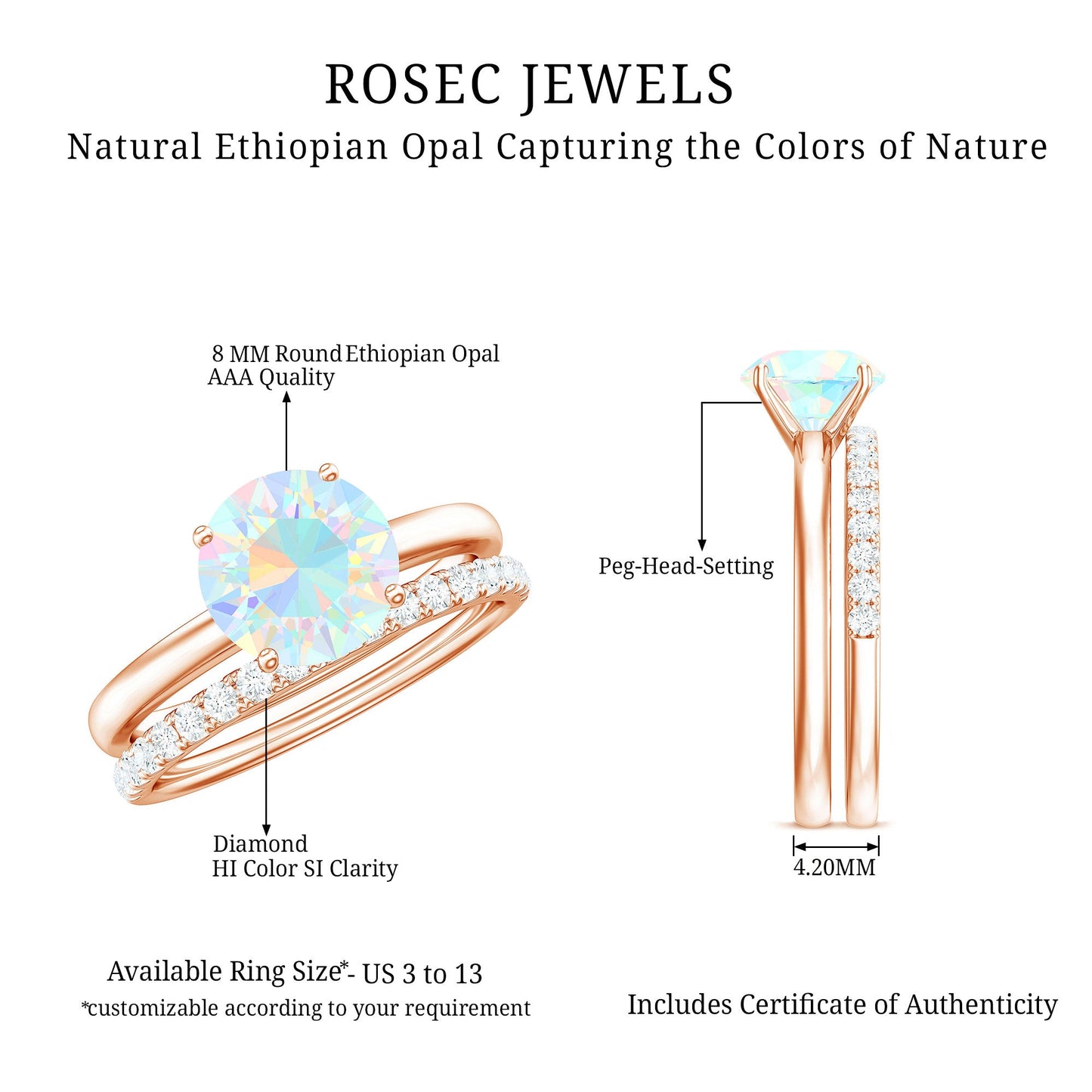 Natural 2 Carat Ethiopian Opal Diamond Solitaire Engagement Wedding Ring Set