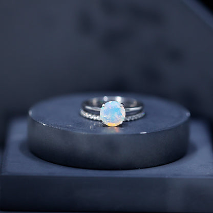 Natural 2 Carat Ethiopian Opal Diamond Solitaire Engagement Wedding Ring Set