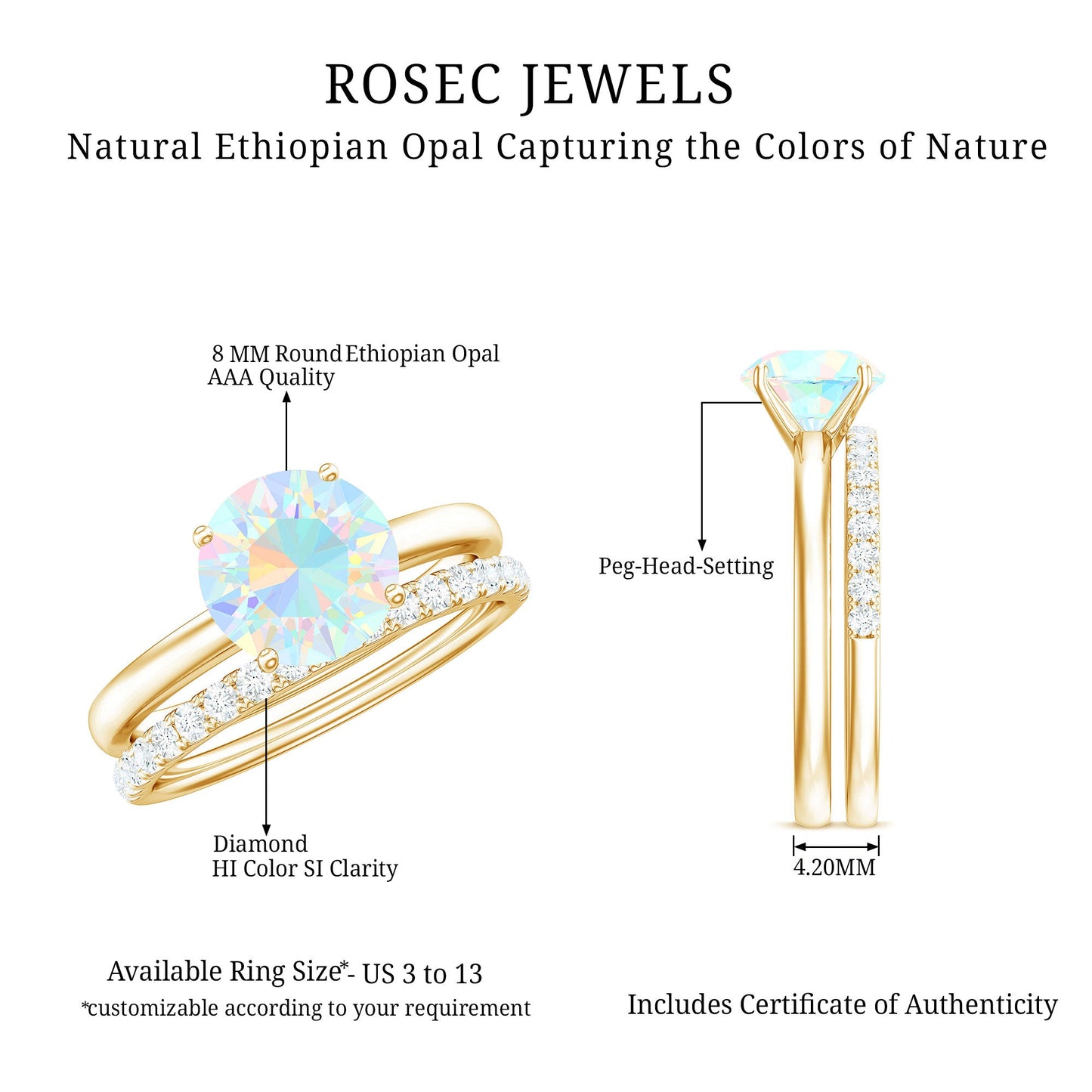 Natural 2 Carat Ethiopian Opal Diamond Solitaire Engagement Wedding Ring Set
