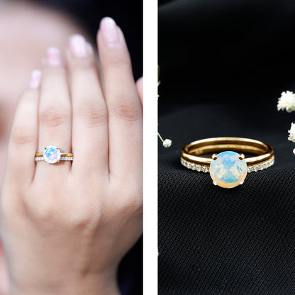 Natural 2 Carat Ethiopian Opal Diamond Solitaire Engagement Wedding Ring Set